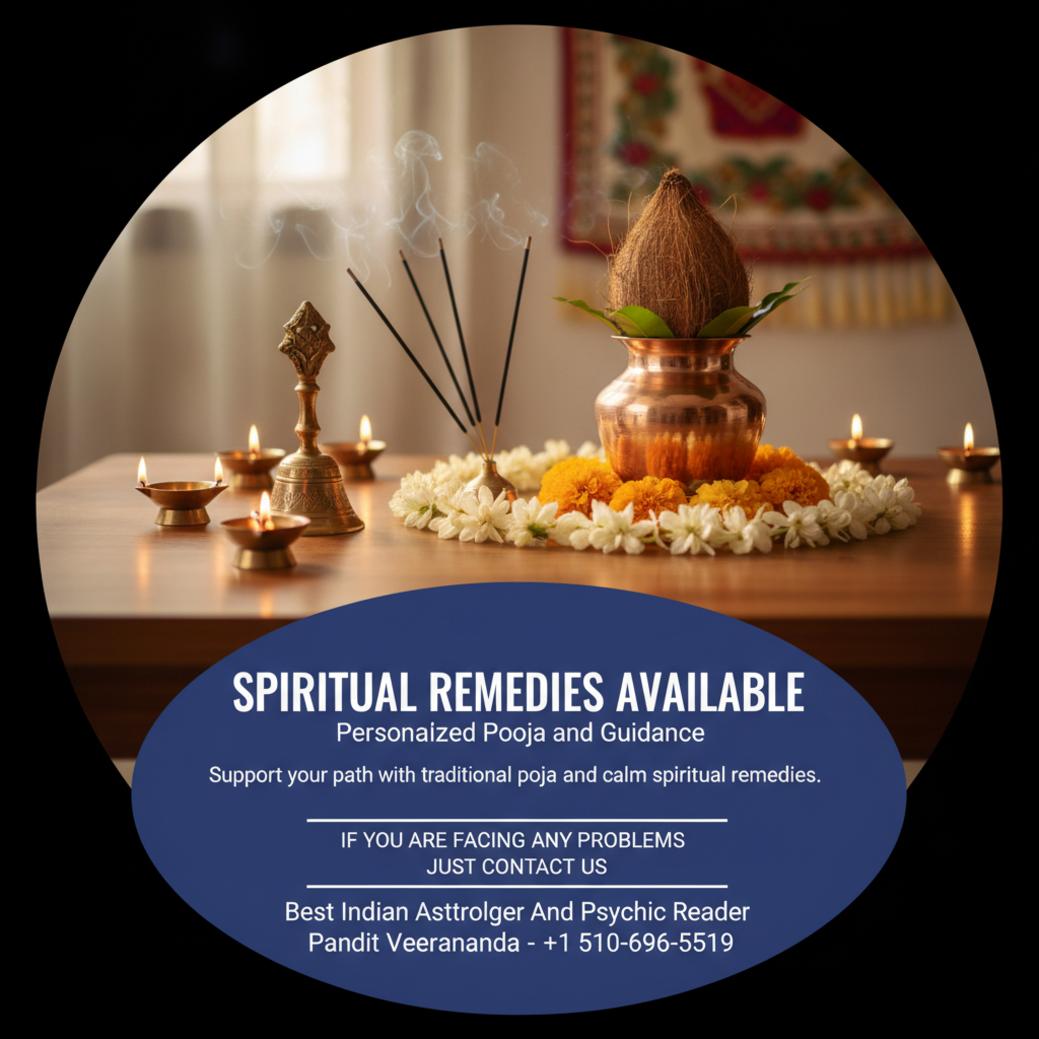 Traditional pooja items arranged calmly for pandit remedies in Bay Area