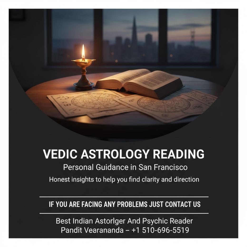 Vedic astrology charts on wood table with soft light in San Francisco room