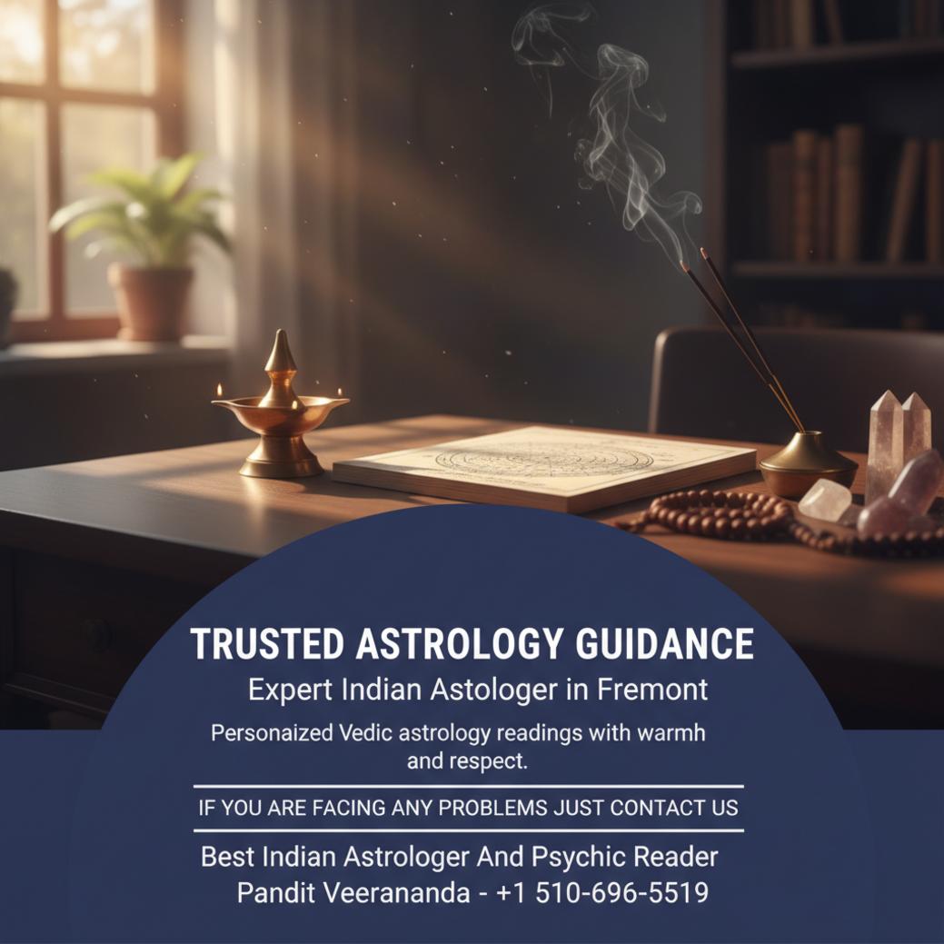 Traditional Vedic astrology tools on wooden desk in Fremont office