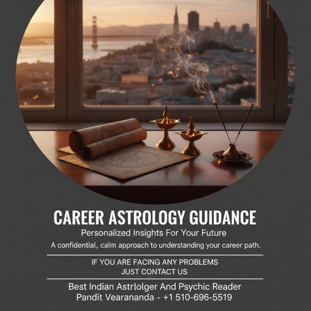 Career astrology guidance tools on desk with San Francisco city view