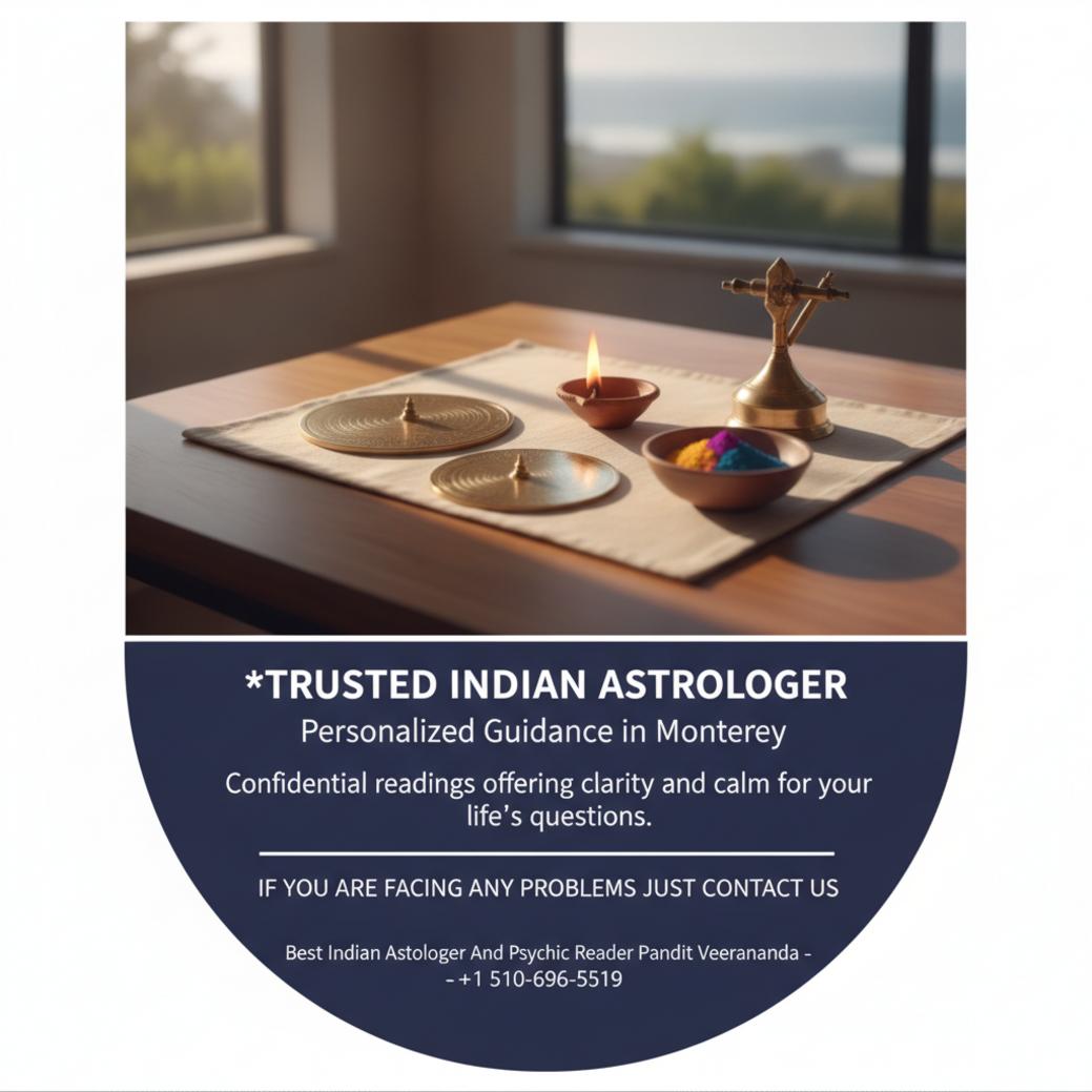 Indian astrologer tools on wooden desk in Monterey setting