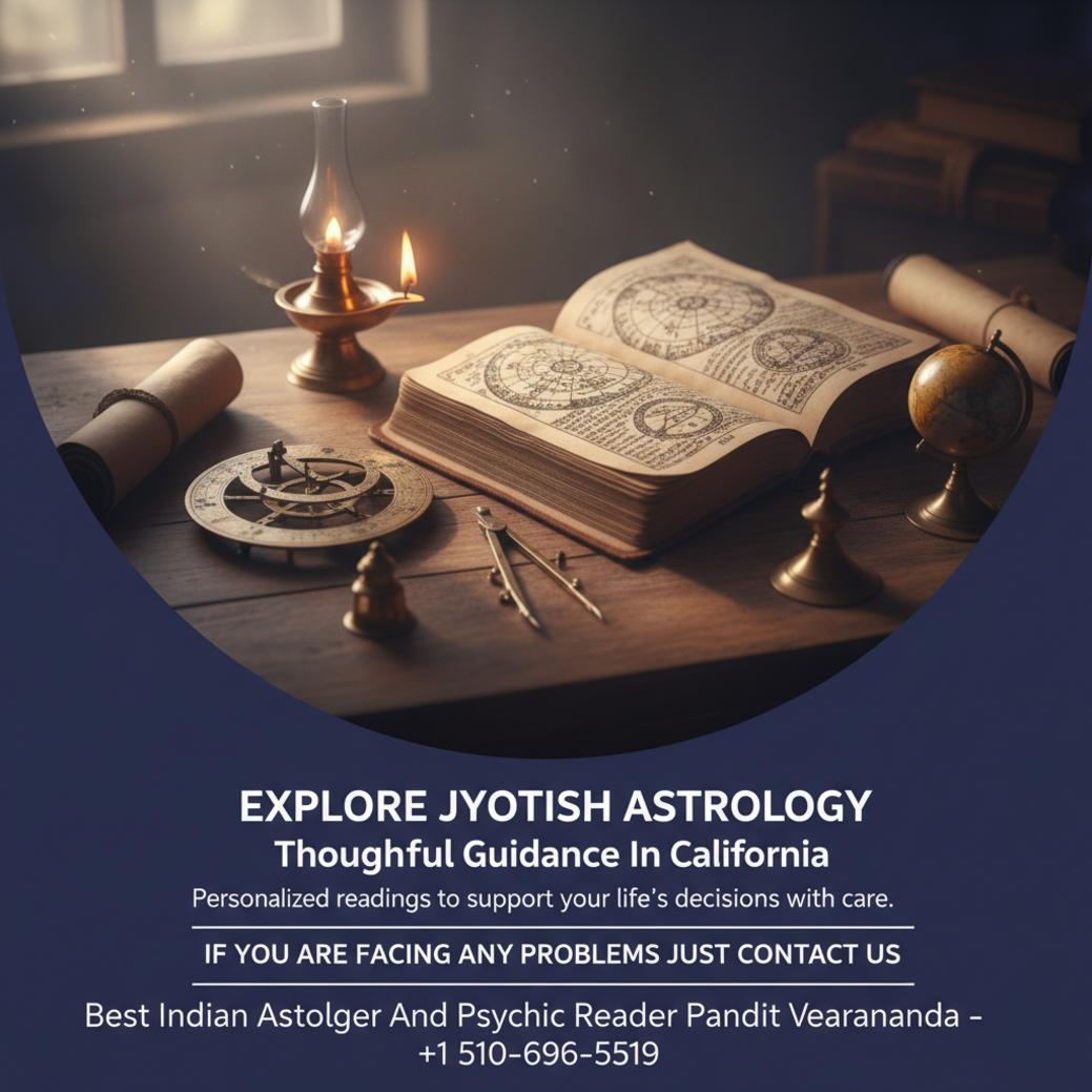 jyotish astrology tools and ancient manuscript on desk in california room