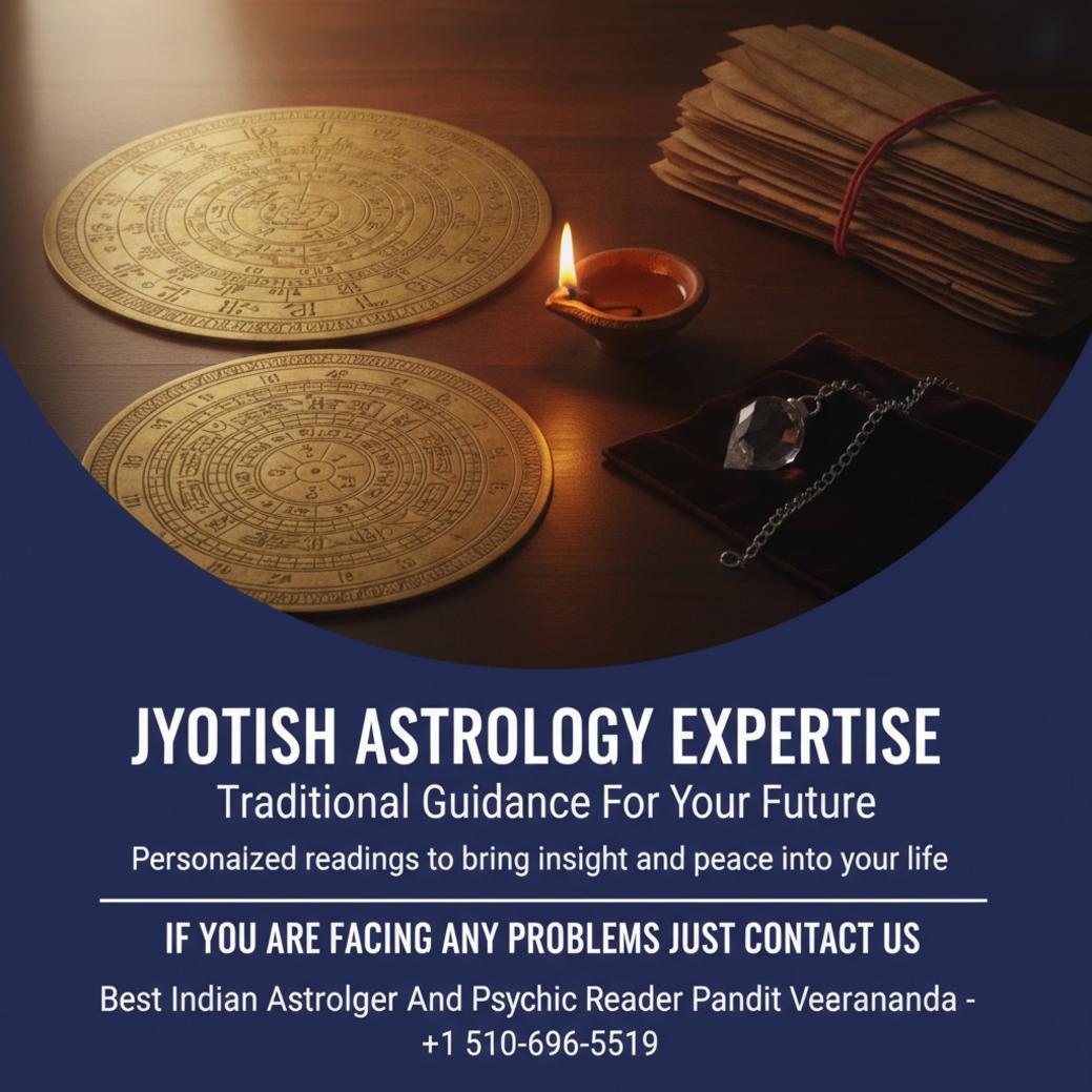 Traditional jyotish astrology tools on wooden desk in Oakland office
