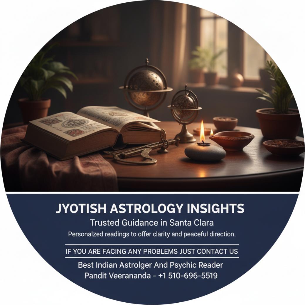 Calm Jyotish astrology books and tools on desk in Santa Clara office