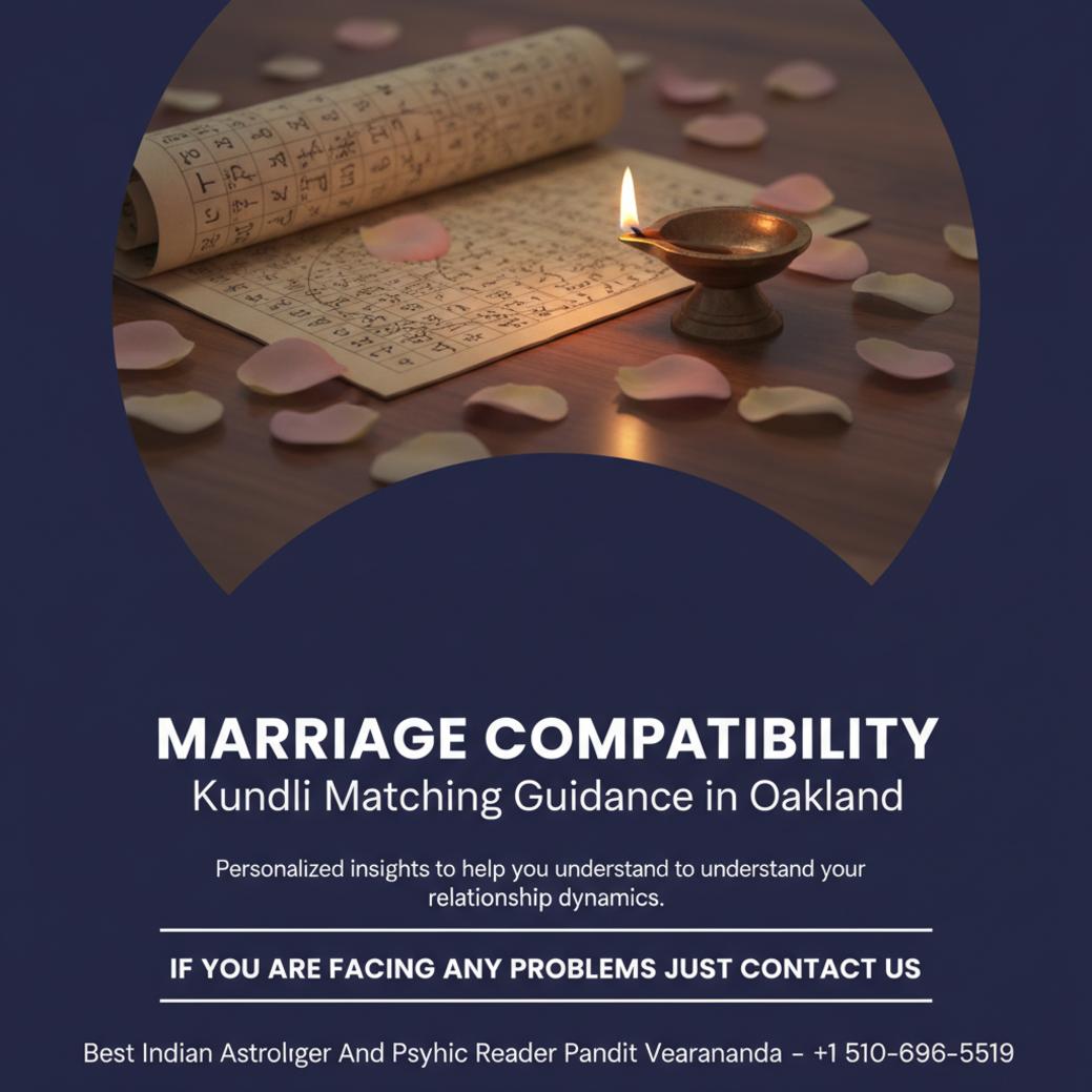 Marriage compatibility kundli matching chart with diya lamp in Oakland setting