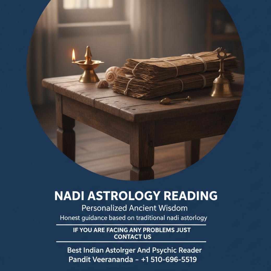 Nadi astrology palm leaf manuscripts on wooden table Fresno CA