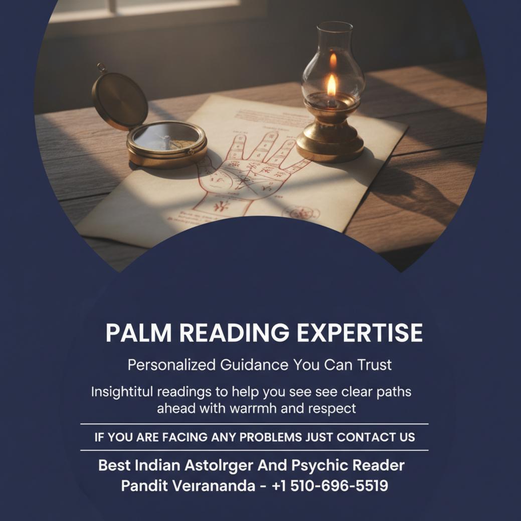 Palm reading setup with traditional charts and lighting in San Diego