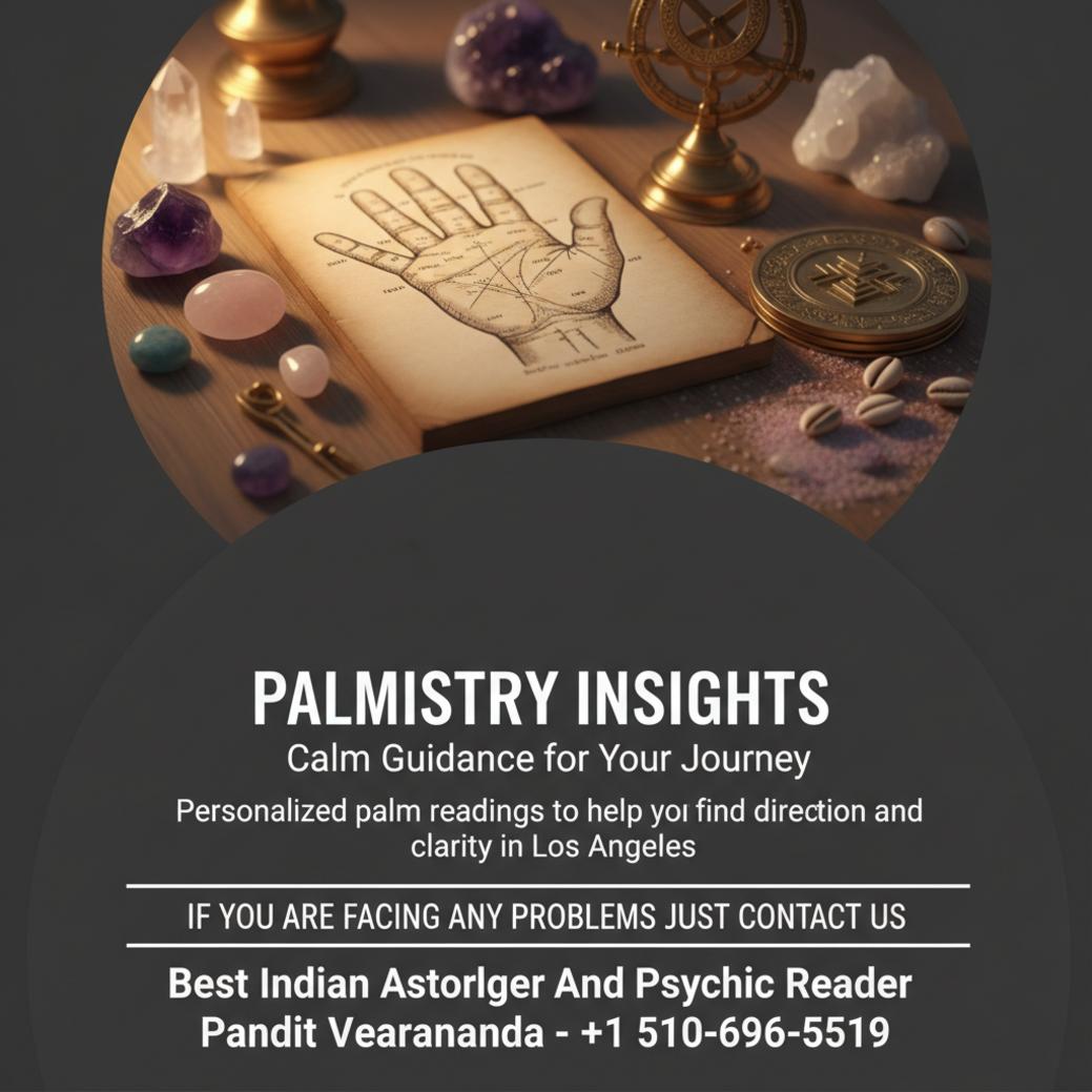 Close-up of palmistry hand diagram and Vedic tools in Los Angeles reading
