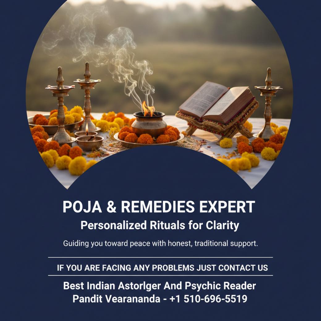 Poja altar with lamps and flowers for pandit remedies in California
