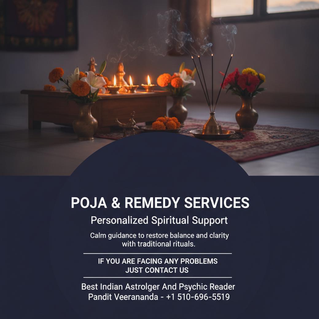 Traditional pooja items on altar with lamps and flowers in Oakland