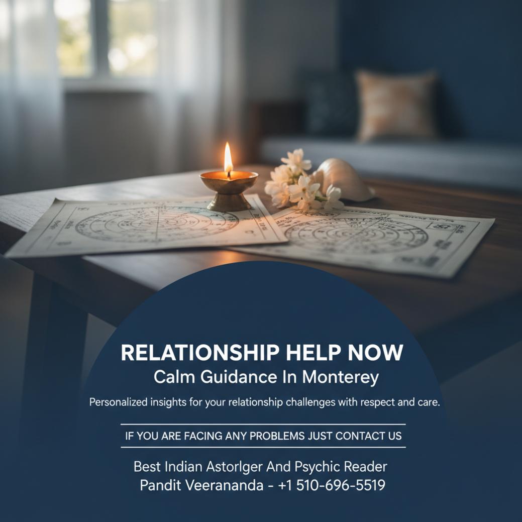 Vedic astrology charts with spiritual tools on wooden table in Monterey