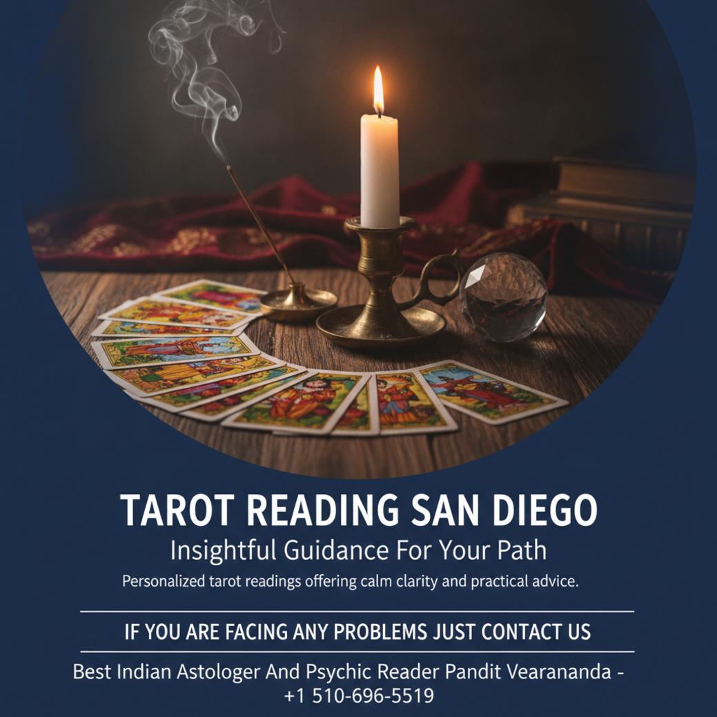 Wooden table with tarot reading cards in San Diego setting