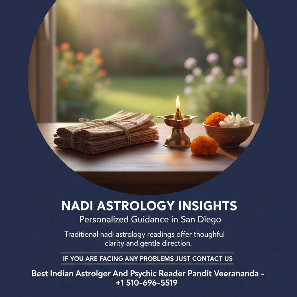 Nadi astrology palm leaf manuscripts and flame scene in San Diego setting