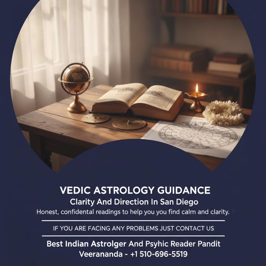 Vedic astrologer tools and horoscope chart in San Diego setting