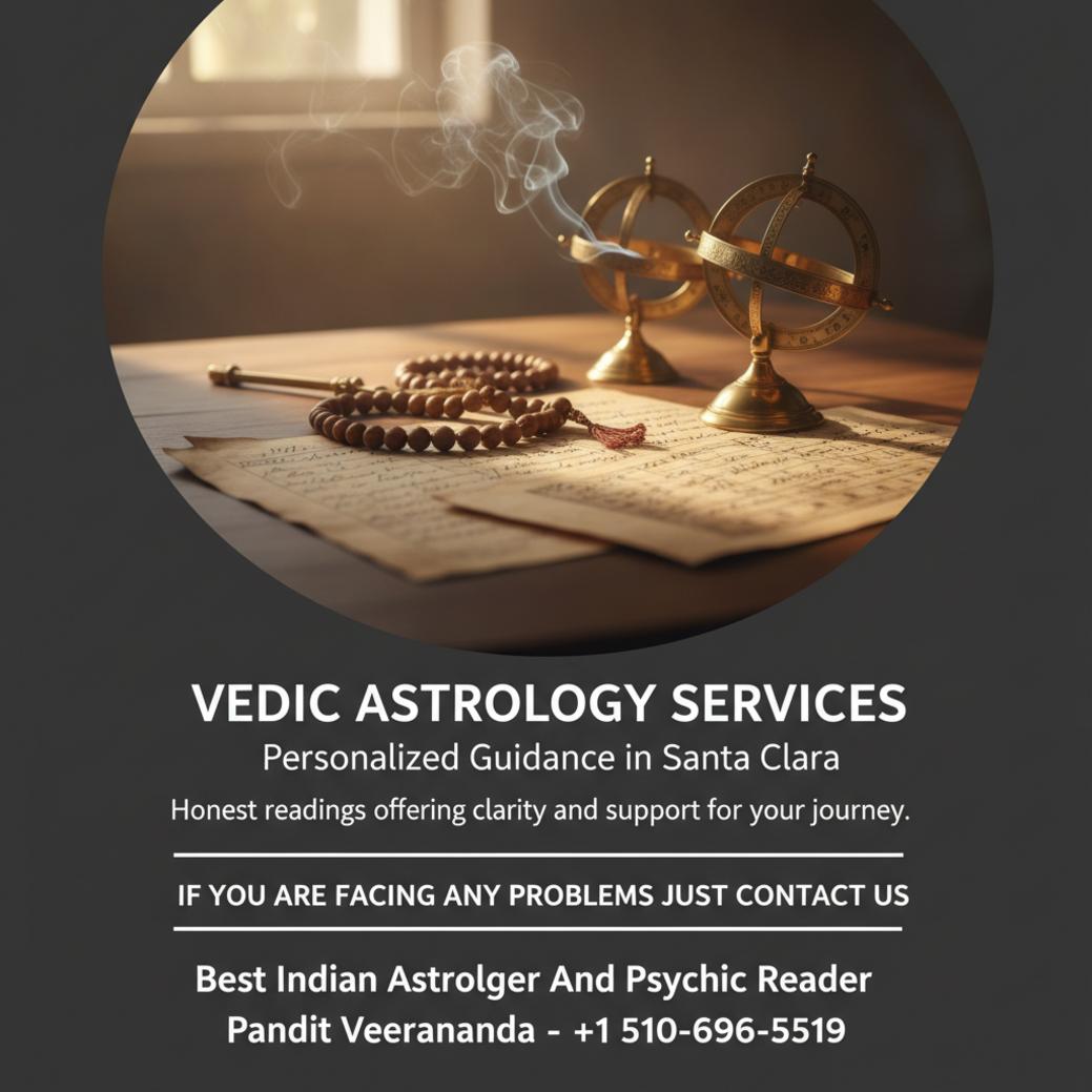 Vedic astrologer tools on wooden desk in Santa Clara room