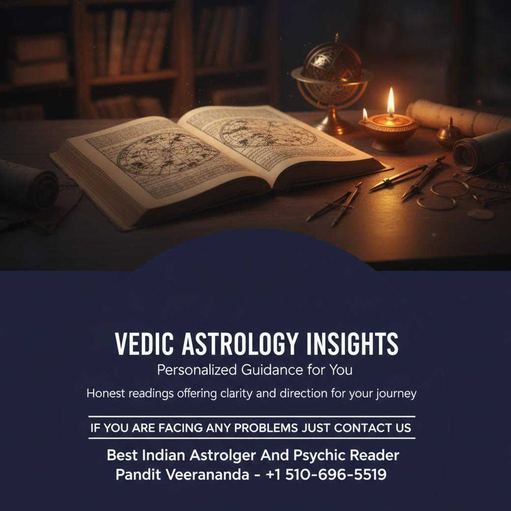 Vedic astrology tools and manuscript on wooden desk in Bay Area office
