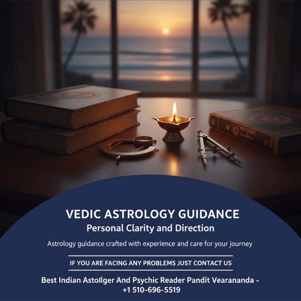 Vedic astrology books and tools on wood table California coast view