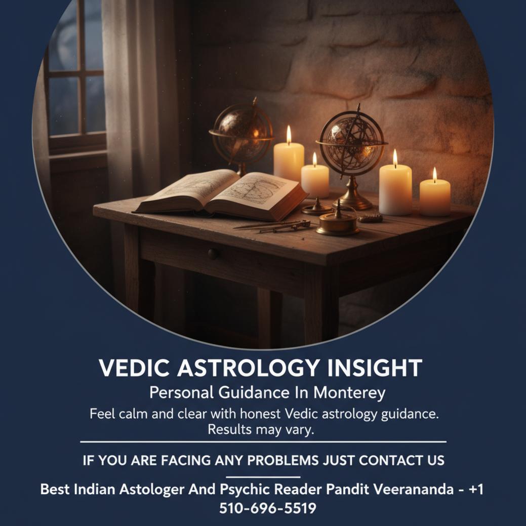 Vedic astrology tools and ancient text on wooden table in Monterey calm room