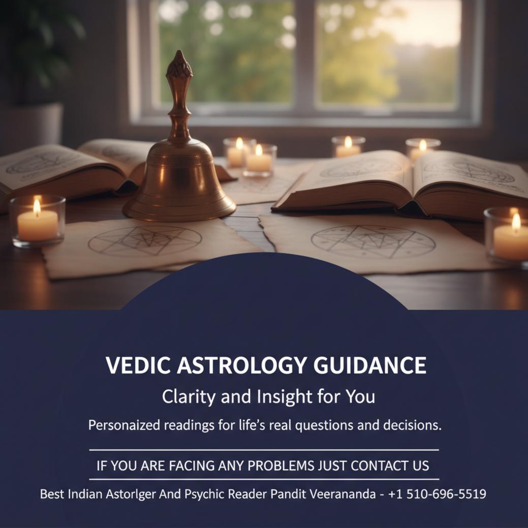Vedic astrology setup with books and brass bell in Mountain View room