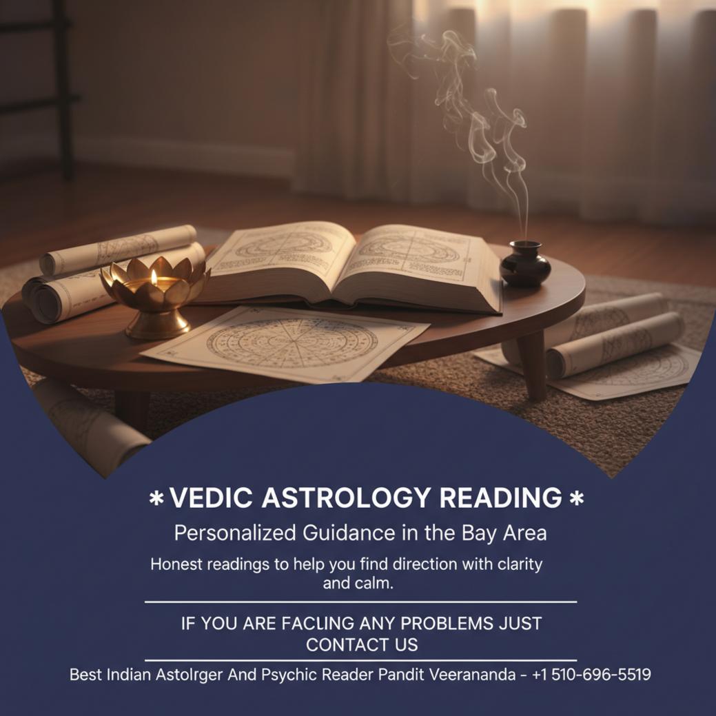 Vedic astrology reading setup with charts and lamp in Bay Area room