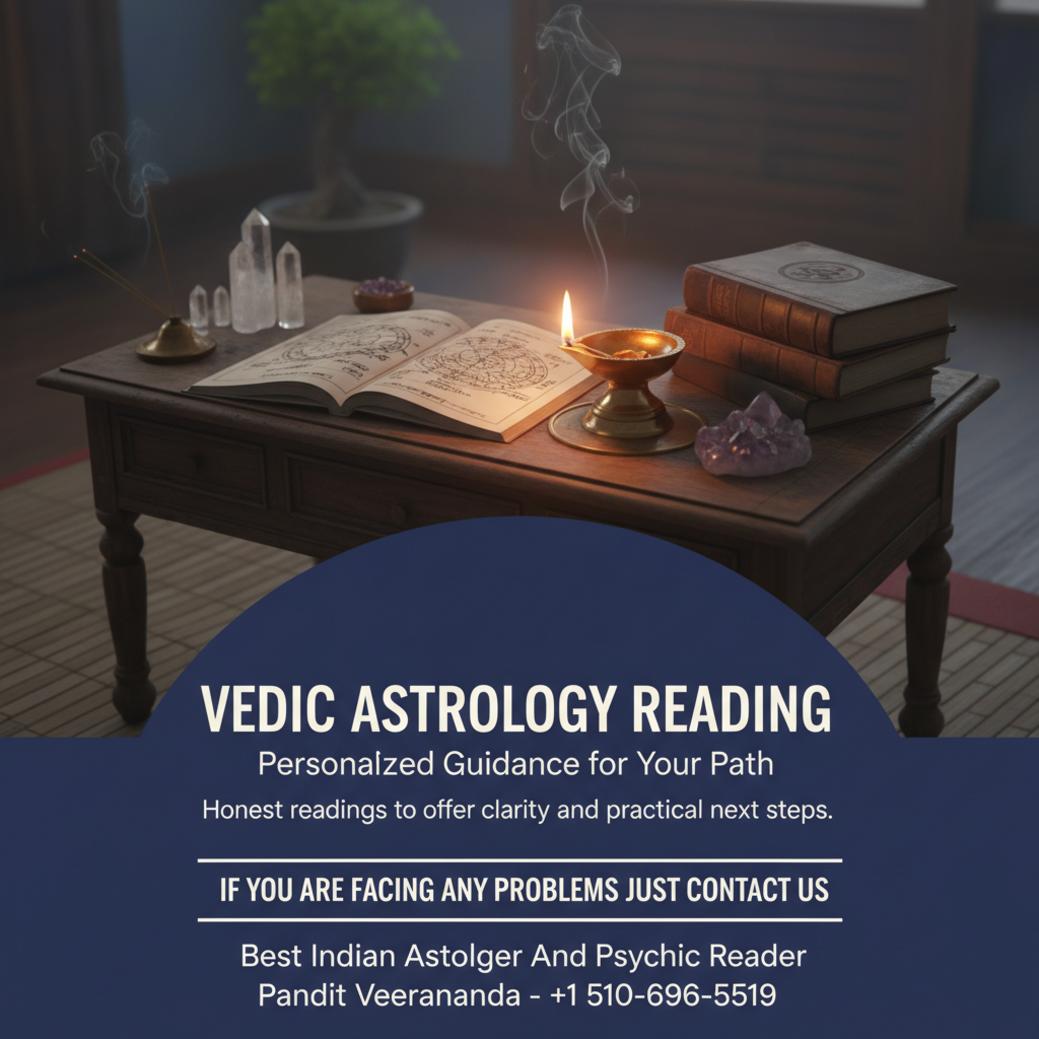 Vedic astrology reading chart and diya lamp on wooden desk in Los Angeles