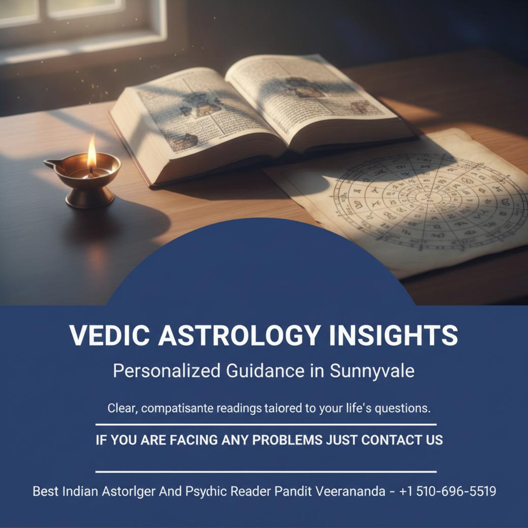 Vedic astrology charts and diya lamp on wooden desk in Sunnyvale