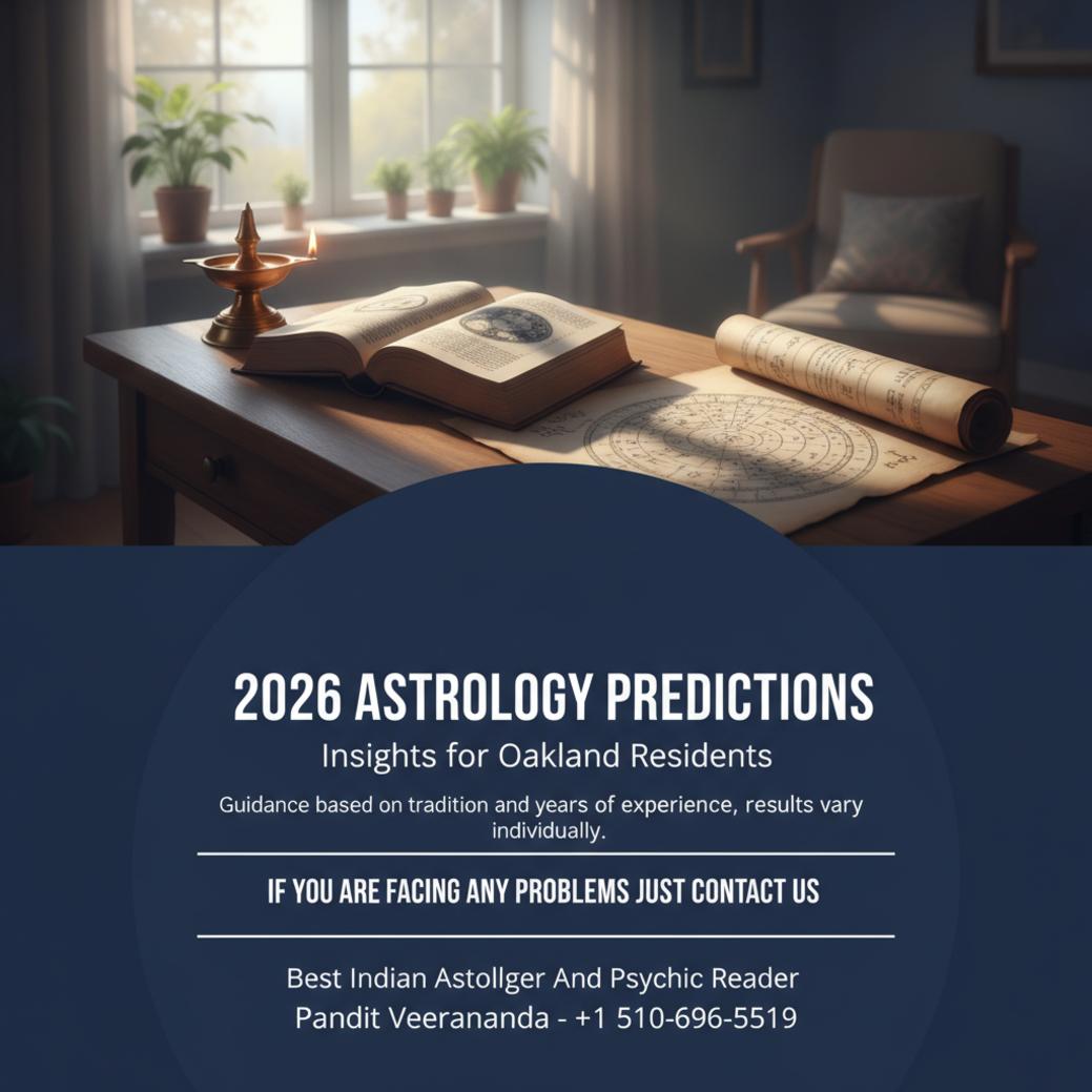 What 2026 Vedic Astrology Predictions Mean for Oakland, CA Vedic astrology chart and lamp on wooden desk in Oakland calm room