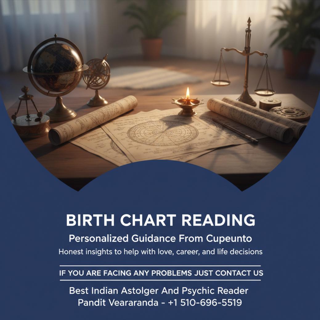 Birth chart reading layout with Vedic astrology tools in Cupertino calm room