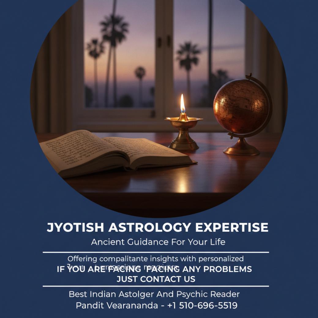 Wooden desk with jyotish astrology tools in a calm Los Angeles setting