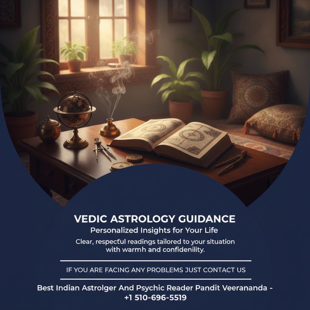 How a Vedic Astrologer in San Francisco Can Clarify Your Pat Vedic astrologer tools and book on wooden desk San Francisco