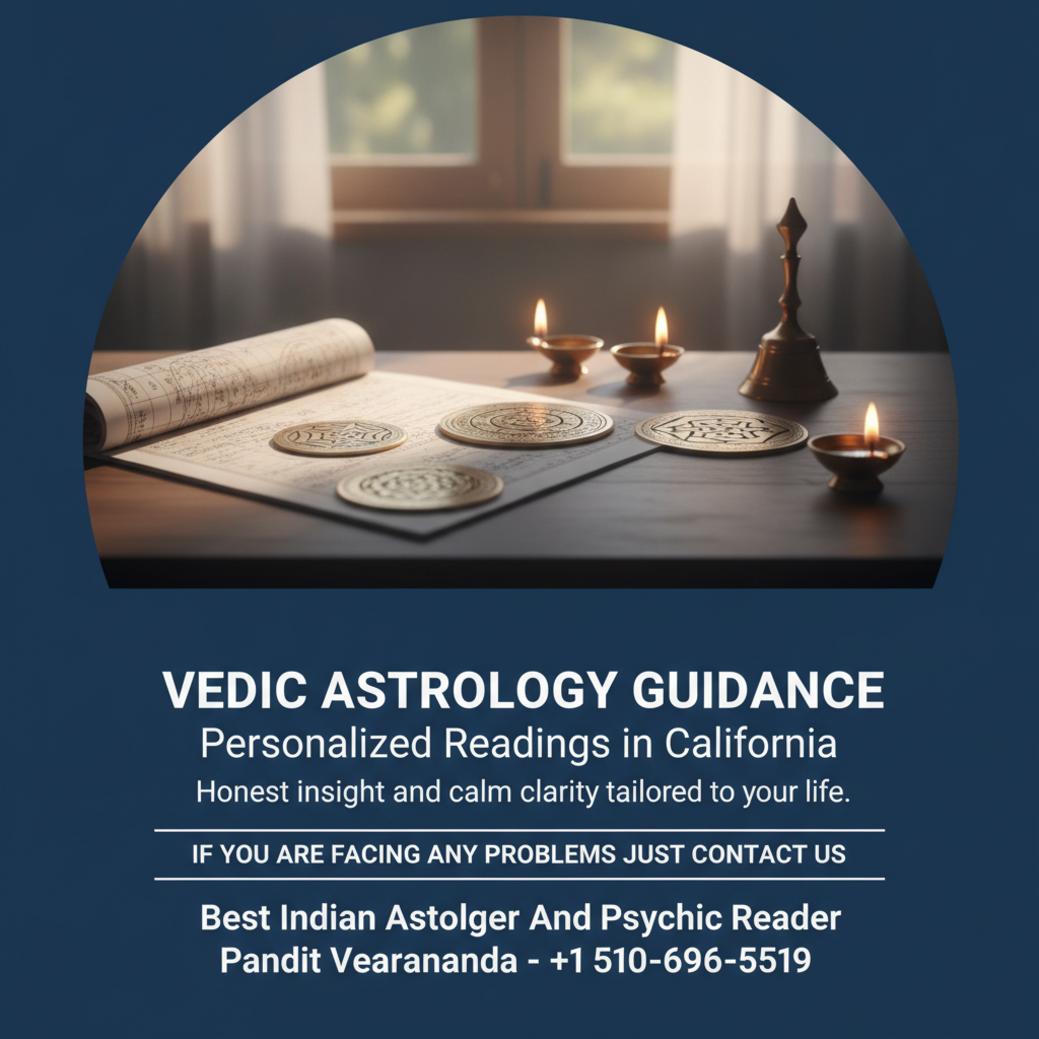 Vedic astrology tools and birth chart on wooden table in California room