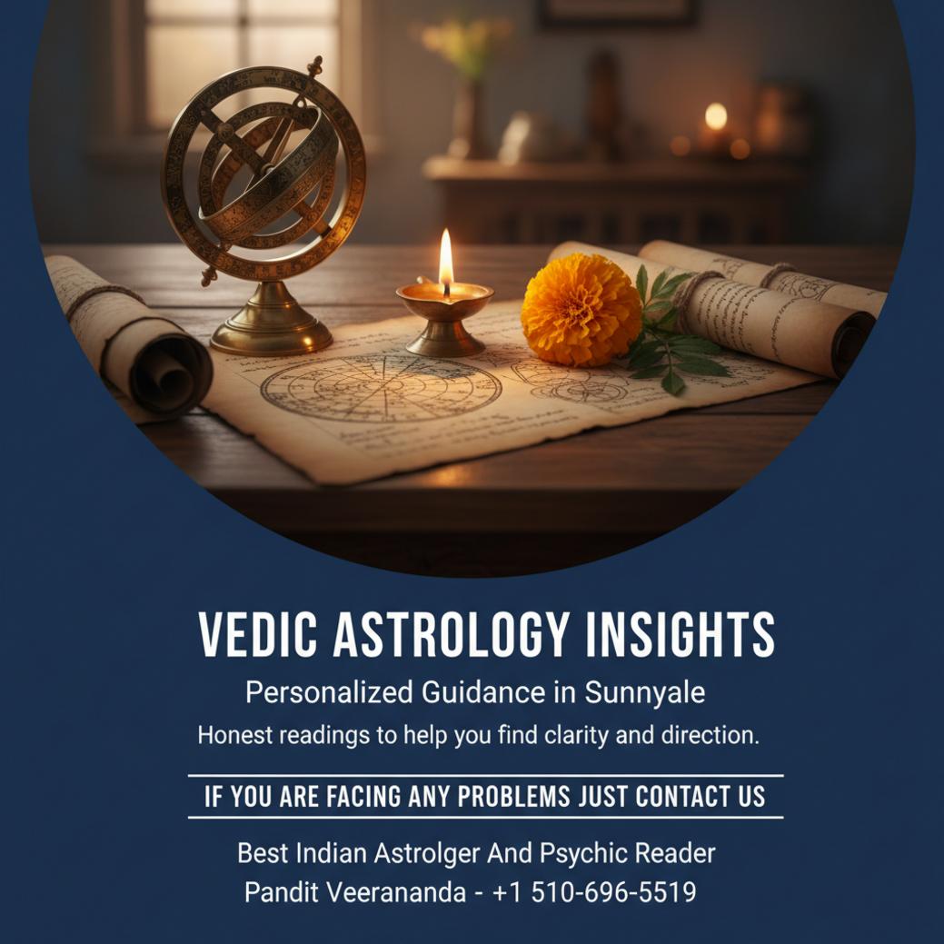 Traditional vedic astrology tools on wooden desk near Sunnyvale in soft light